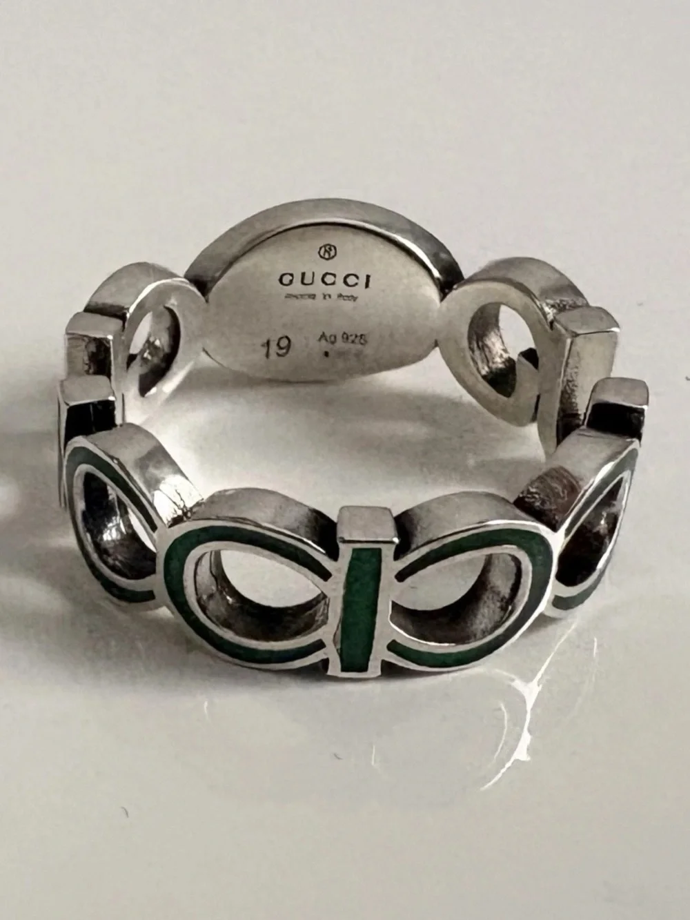 $360 GUCCI 925 Sterling Silver Green GG Chainlink Reversible Ring US 8.75 IT 19